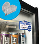 Suction cup sign holder shown on convenience store glass door of beverage cooler case