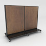 Black mobile gondola shelving unit with wood paneling and base decks.