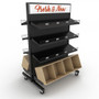 Mobile gondola display unit with wood bins.