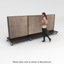 Person viewing 12-foot wide black rolling gondola shelving unit with stained wood back panels and base shelves.