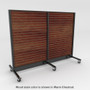 Rolling slatwall shelving with neutral stained wood back panels.