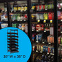Gravity feed shelving rack display, shown in a liquor store setting holding various beer bottles, cans, 6-packs and cases.