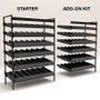 Gravity feed beer shelving, shown in starter and add-on kit forms.