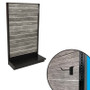 Weathered wood slatwall single-sided gondola shelving unit shown, with closeup showing textured panel and slatwall hook.