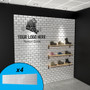 Subway tile textured slatwall wall display with custom graphics and shoes on display.