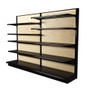 Light wood slatwall gondola shelving kit with eight 16-inch-deep shelves and two 19-inch-deep base decks.