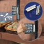 magnetic sign holder with gripper for signs up to 1/4 inch thick that's used to display retail for sale signs and advertisements at stores shown with bread display signs at a grocery store