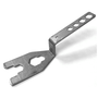 retail gondola shelving base leveling wrench tool with multiple openings for different size levelers, hex nuts and fasteners