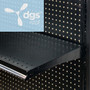 lozier gondola shelving accessory part pegboard back panel in charcoal black finish shown installed in a gondola shelving unit at a retail convenience store