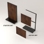 Exploded view of wall gondola display with wood panels.