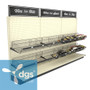 wire basket shelf for gondola shelving used on a retail gondola shelving system for a store display with wine bottles