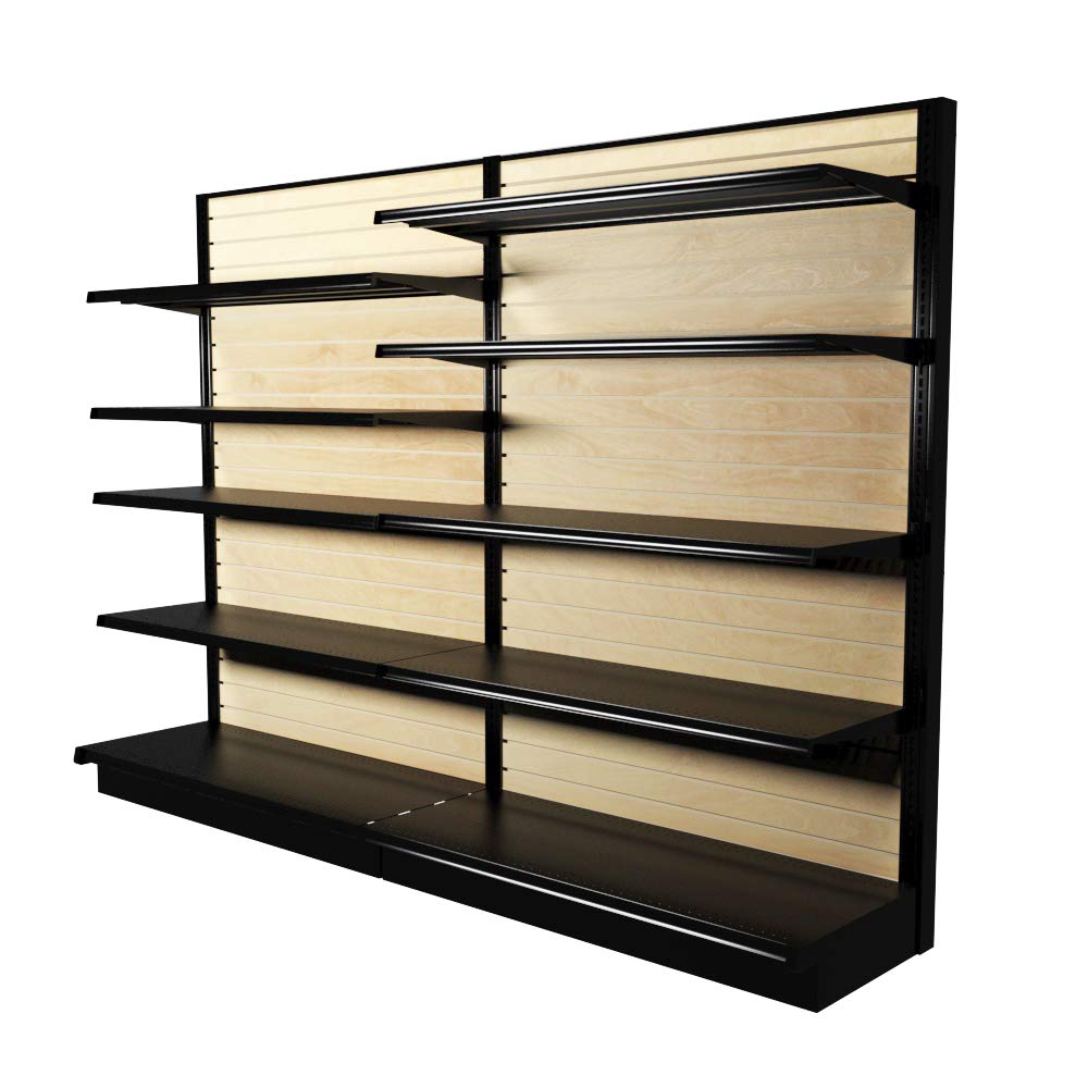 Black Wall Gondola Shelving With Wood Bins & Shelves