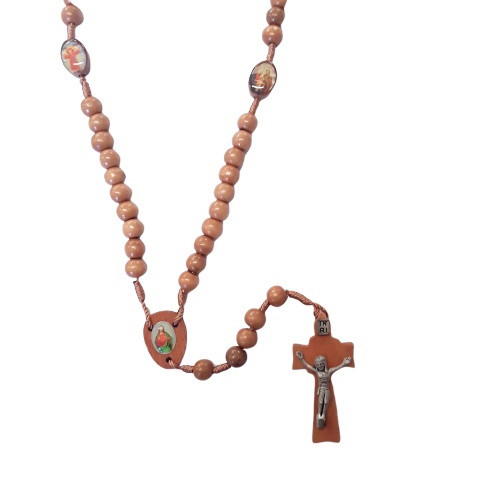 Rosary Necklace: Wooden Beads with Pictures - Light Brown