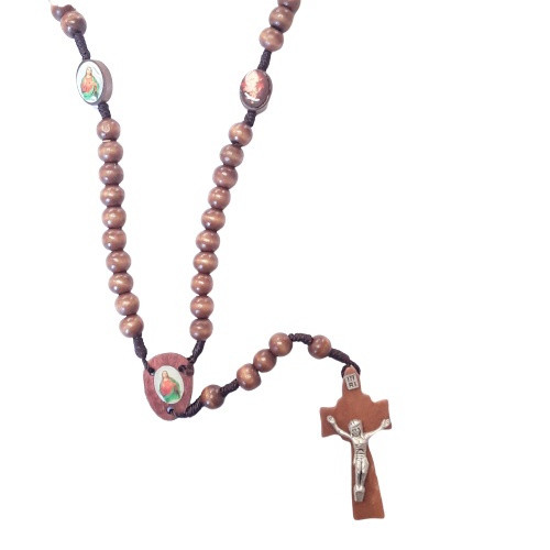 Rosary Necklace: Wooden Beads with Pictures - Dark Brown