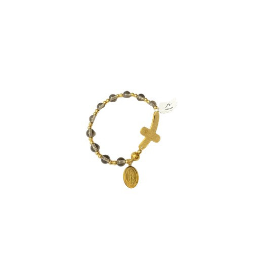 Rosary Bracelet: Stainless Steel Etched - Smokey/Yellow Gold Beads