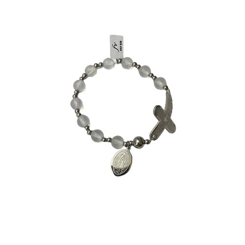 Rosary Bracelet: Stainless Steel Etched - Frost/Silver Beads