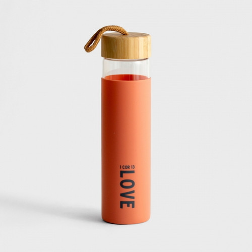 Water Bottle: Love - Glass with Peach Silicone Sleeve
