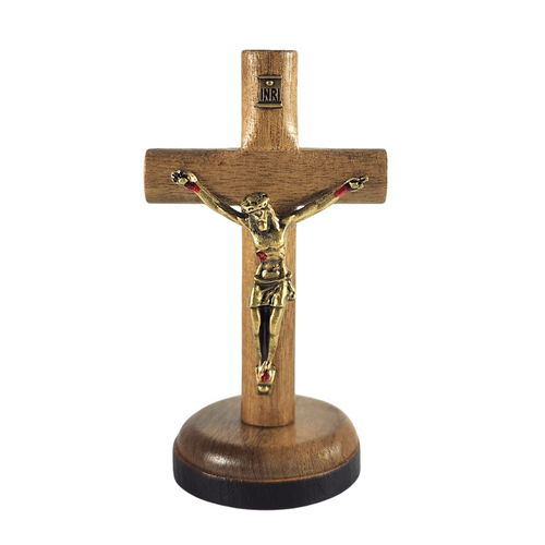 Crucifix: Rounded Wood on Stand Traditional - 7cm