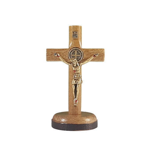 Crucifix: Rounded Wood on stand St Benedict - 7cm