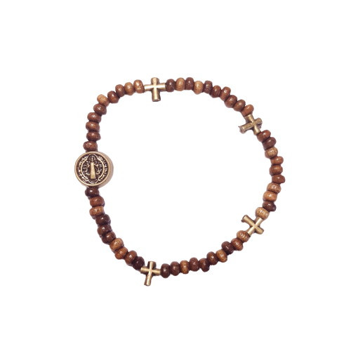 Rosary Bracelet: Mini Gold Wooden Beads - St Benedict