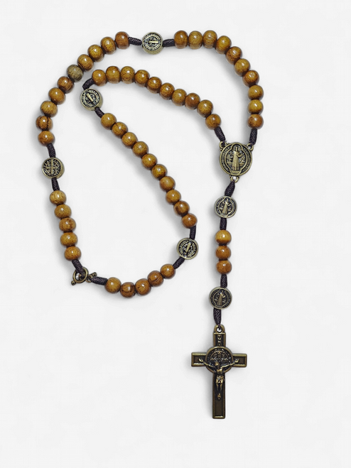 Rosary Necklace  Beads: 8mm St Benedict - Gold with Brown Beads