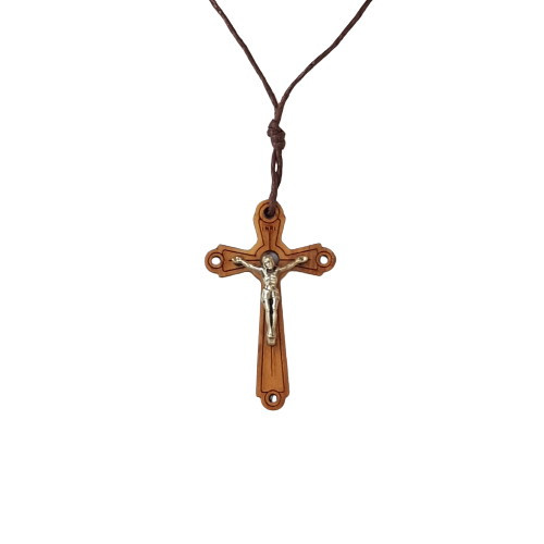 Necklace:  Olive Wood Crucifix on Cord - 4cm Simple