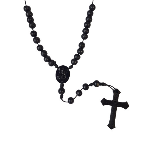 Rosary: Black Round Wood Beads On Cord