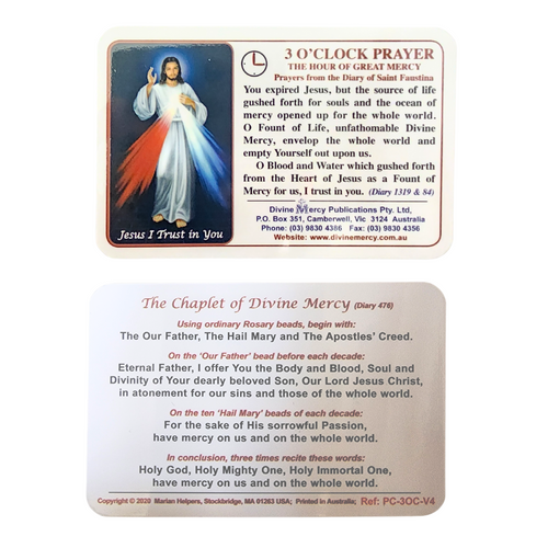 Prayer Card: Divine Mercy 3 O'Clock Prayer( Laminated Wallet Size)