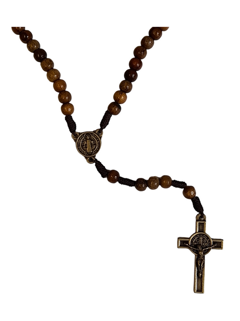 Rosary: St Benedict Brown Wood Beads -Antique Gold (30 cm.)