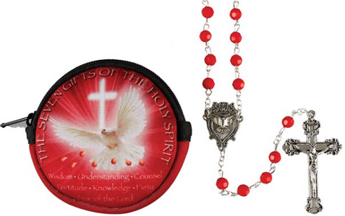 Confirmation Rosary:Red Glass Beads  And Purse