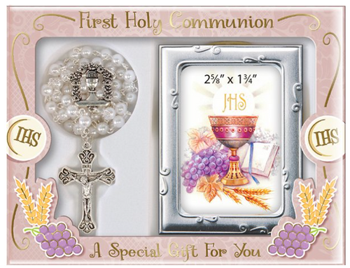 Communion Glass White Rosary/Photo Frame
