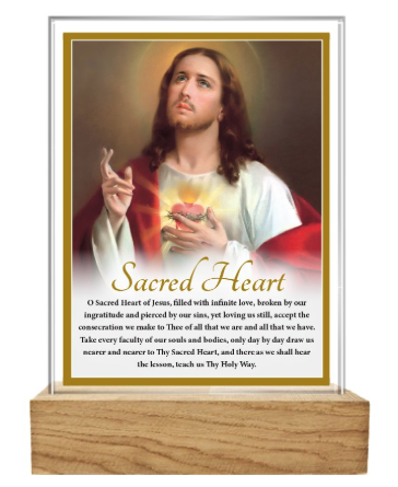 Glass Plaque/Wood Base/Sacred Heart
