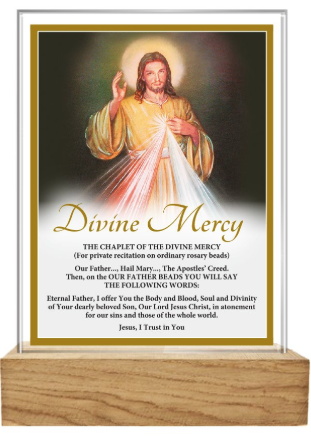 Glass Plaque/Wood Base/Divine Mercy