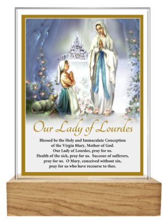 Glass Plaque/Wood Base/Lady Of Lourdes