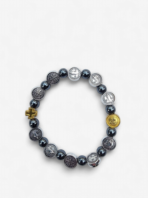 Hematite Stone Bracelet with St. Benedict Medals (6mm) - Made in Portugal
