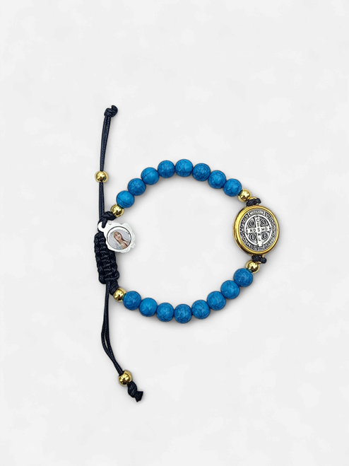 Stone Bracelet (Turquoise Color) St. Benedict Medal (8mm) - Made in Portugal