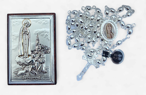 Our Lady Of Fatima - Case with Silver-Plated Aluminum Plaque (6x4) & Rosary - Made in Portugal