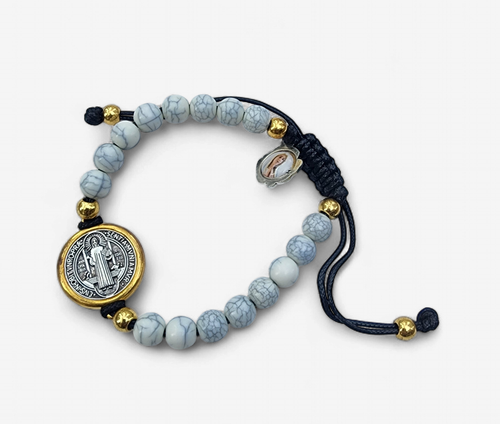 Stone Bracelet (Marble Color) with St. Benedict Medal (8mm ) - Made in Portugal
