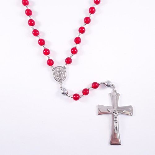 Rosary: Stainless Steel Etch Centerpiece Red