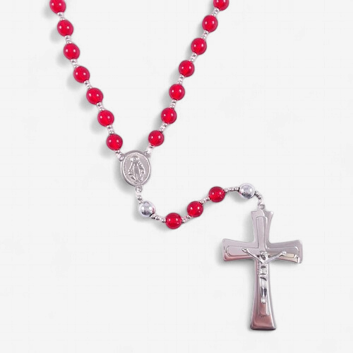 Rosary: Stainless Steel Etch Centerpiece Red
