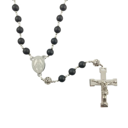 Rosary: Stainless Steel Etch Centrepiece Black
