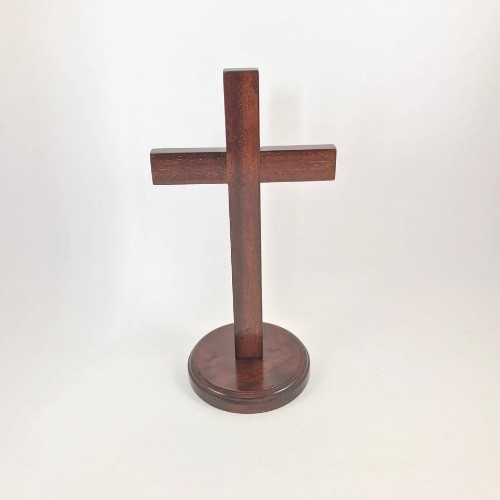Mahogany Standing Cross on Round Base - 20cm