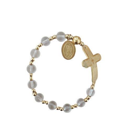 Rosary Bracelet: Stainless Steel Etched - Frosted/ Yellow Gold Beads