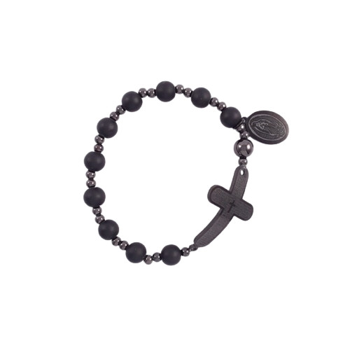 Rosary Bracelet: Stainless Steel Etched - Black/Black Beads