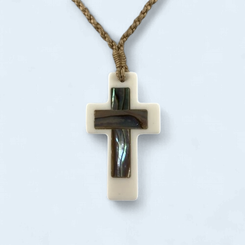 Paua And Bone Carving Cross Pendant - NZ Made