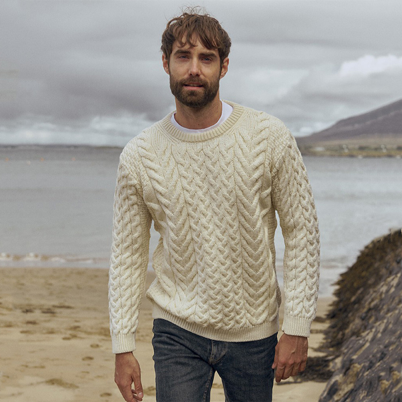 GLENCREE Color Nep Fisherman Aran Knit Sweater Made in Ireland Men's L size /eaa498675
