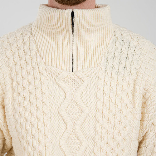 MM902 NATURAL WHITE Colour Men's Zip Neck Heavyweight Aran Sweater Natural Closeup View  ShopAran.com MM902 NATURAL WHITE Colour Men's Zip Neck Heavyweight Aran Sweater Natural Closeup View  ShopAran.com