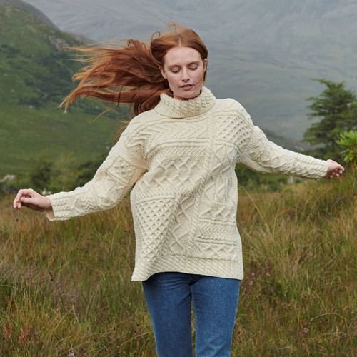 B303162 NATURAL WHITE Colour Ladies Irish Aran Pullover Sweater with Roll Neck ShopAran.com B303162 NATURAL WHITE Colour Ladies Irish Aran Pullover Sweater with Roll Neck ShopAran.com