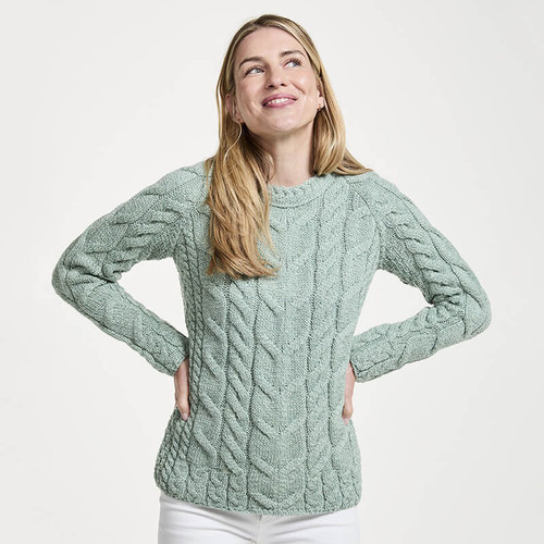 B951373 SEAFOAM GREEN Colour  Supersoft Ladies Irish Sweater In Cabled Stitch ShopAran.com B951373 SEAFOAM GREEN Colour  Supersoft Ladies Irish Sweater In Cabled Stitch ShopAran.com