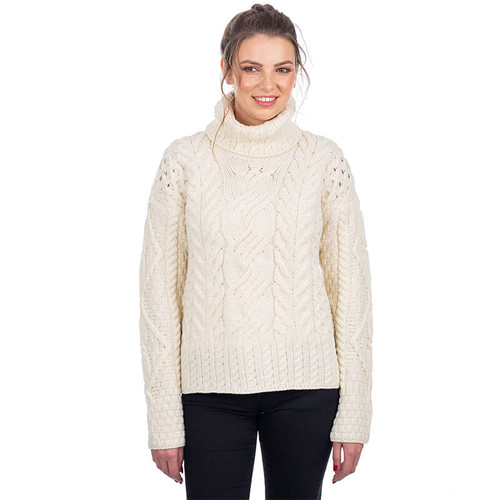 SA303 162 NATURAL WHITE Colour  Ladies Aran Irish Sweater With Turtleneck ShopAran.com SA303 162 NATURAL WHITE Colour  Ladies Aran Irish Sweater With Turtleneck ShopAran.com
